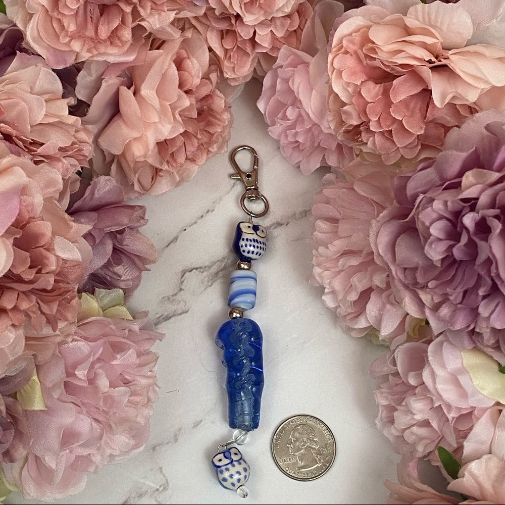 Beaded Blue Owl Purse Charm Bag Accessory - Picture 15 of 16